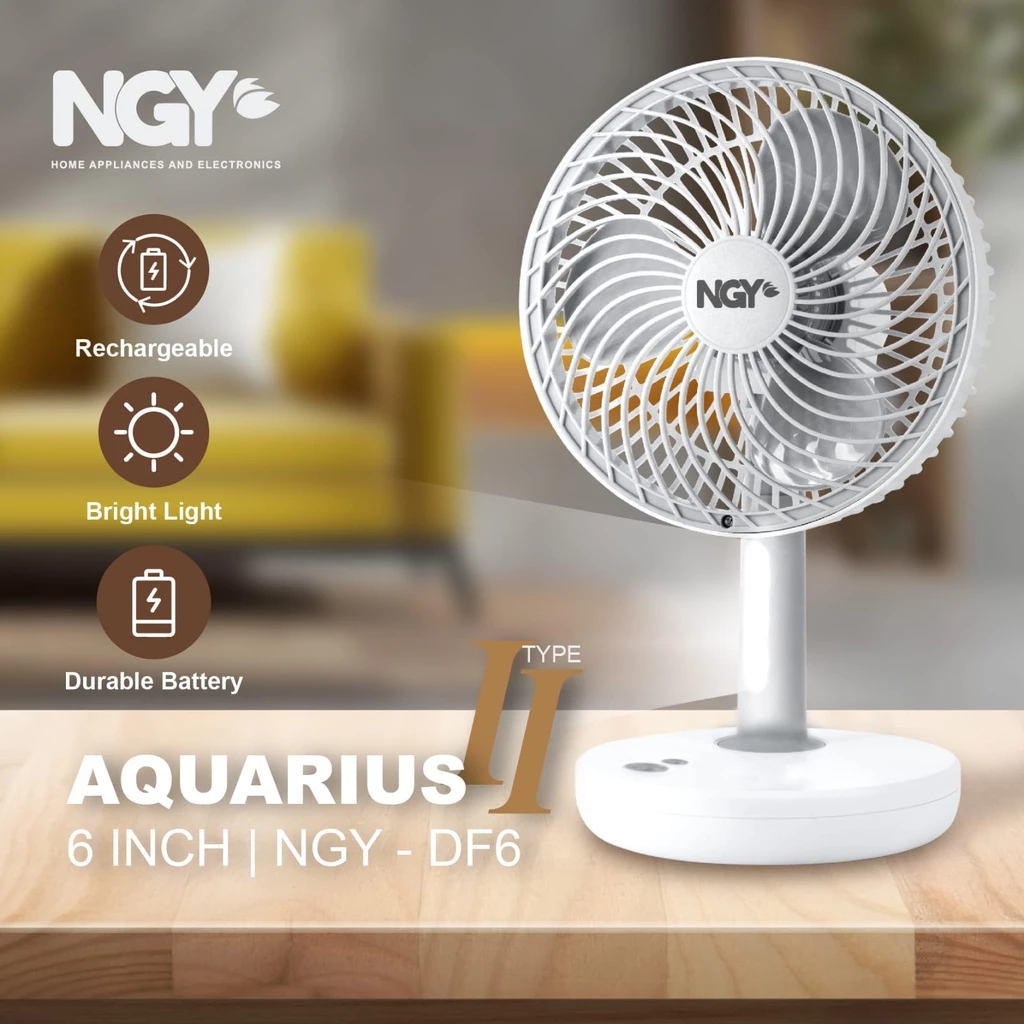 NGY Aquarius Desk Fan / Kipas Angin Meja Portable USB Rechargeable Lampu 6 8 inch | NGY-AQ NAGOYA