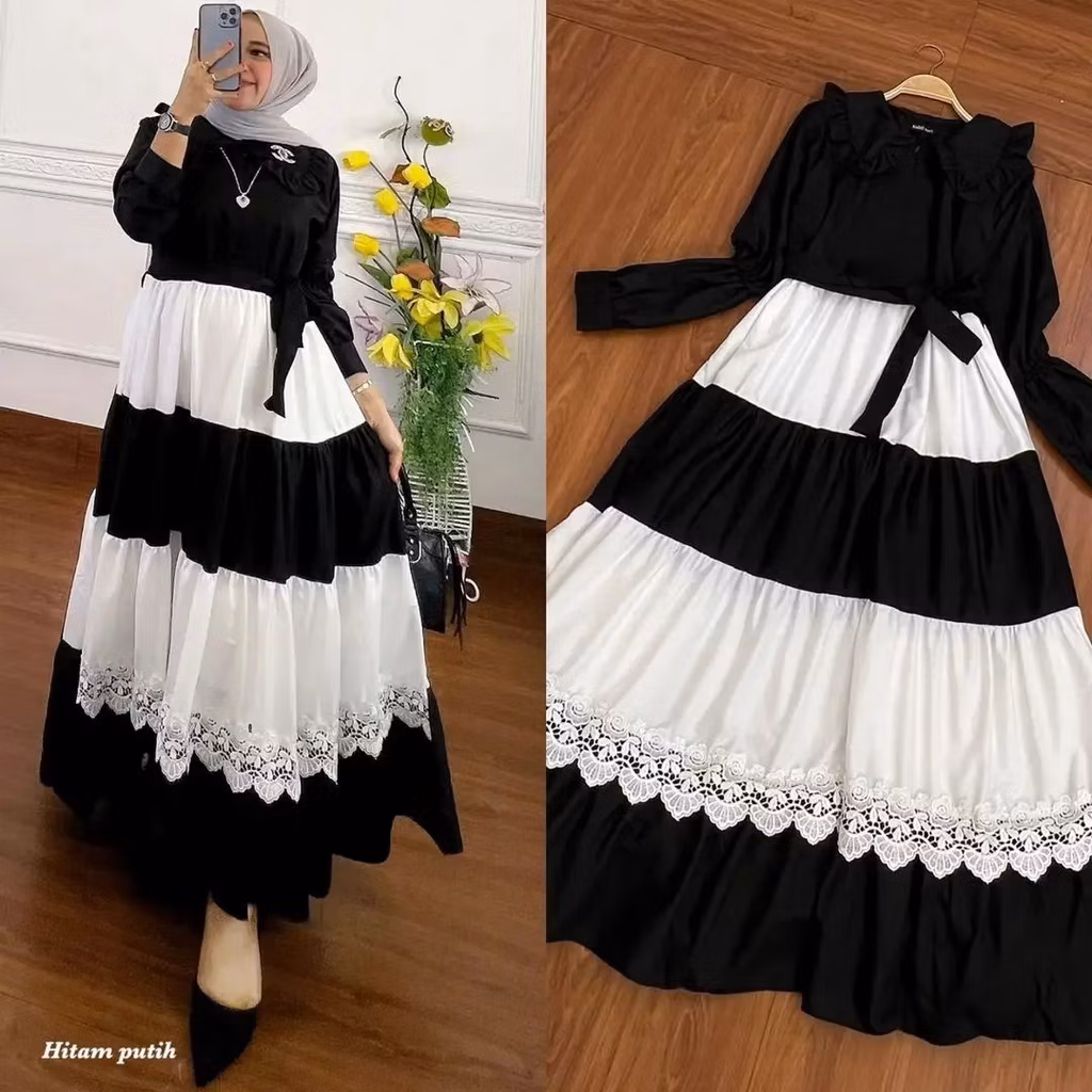 Gamis  remaja Aurora Maxy dress Jumbo Bahan Crinkle Airflow Mix Renda Pakaian  Remaja Muslim Wanita