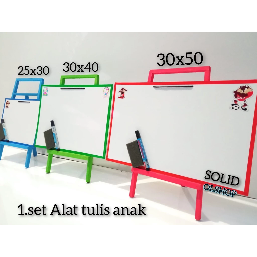 Papan Tulis Anak 3 Ukuran dengan Penyangga - Papan Tulis White Board Dengan Kaki Satu Set