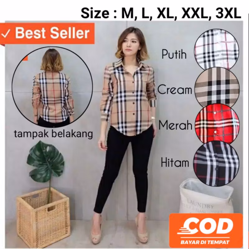 FASHION PAKAIAN WANITA ATASAN KEMEJA STYLE KOREAN MODEL KOTAK KOTAK SHIRT KEMEJA BLUEberry FLANEL