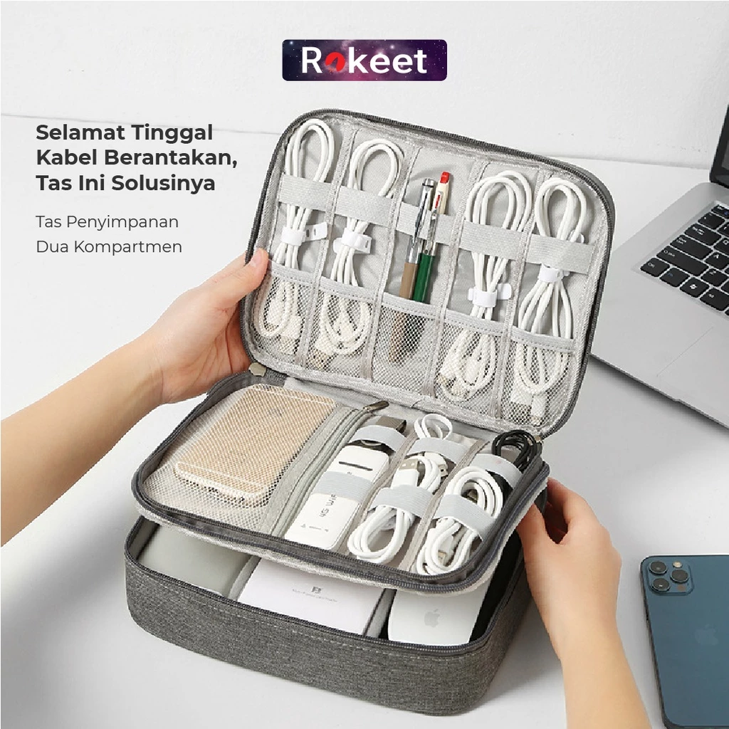 Rokeet Tas Gadget Double Layer Pouch Bag Powerbank Travel Organizer Waterproof