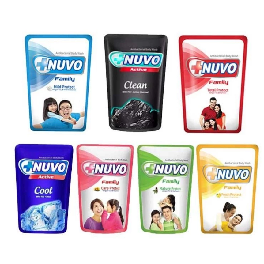 NUVO FAMILY LIQUID ANTI BACTERIAL SABUN MANDI CAIR 60 ml BODY WASH POUCH Protect PINK GOLD HIJAU MERAH PUTIH UNGU KUNING TOTAL MILD NATURE FRESH CARE RELAX SAKINAH TOSKA TOSCA REFILL WINGS CARE PERAWATAN KECANTIKAN TUBUH GROSIR MURAH ANAK 60ml