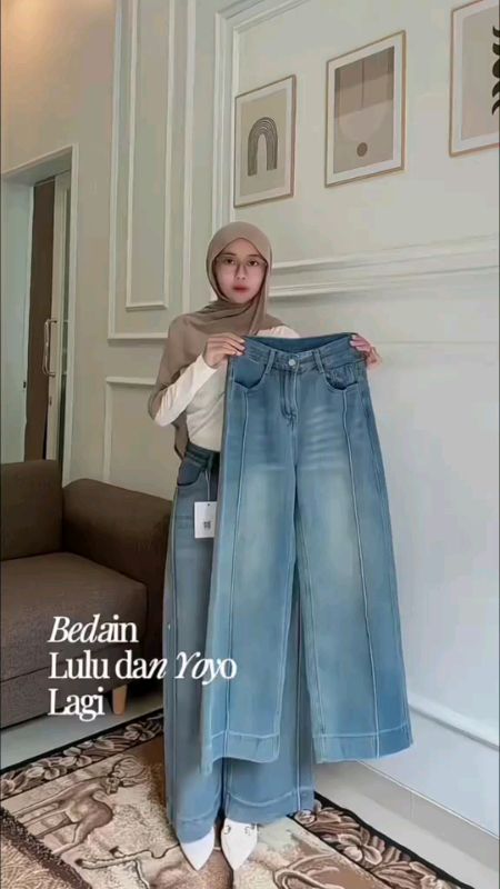 YOYO-new biru kekinian highwaist kulot loose celana wide leg jeans wanita#kulothighwaist #jeanswanita