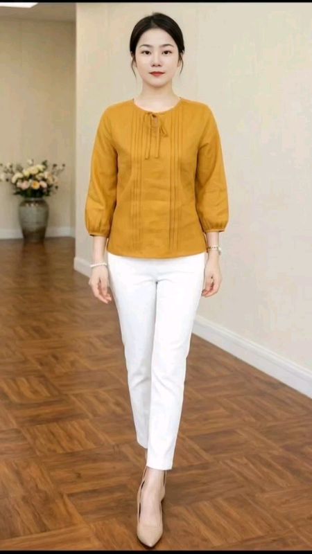 Atasan blouse wanita Korea cantik imut kerah bulat tali lipit warna solid