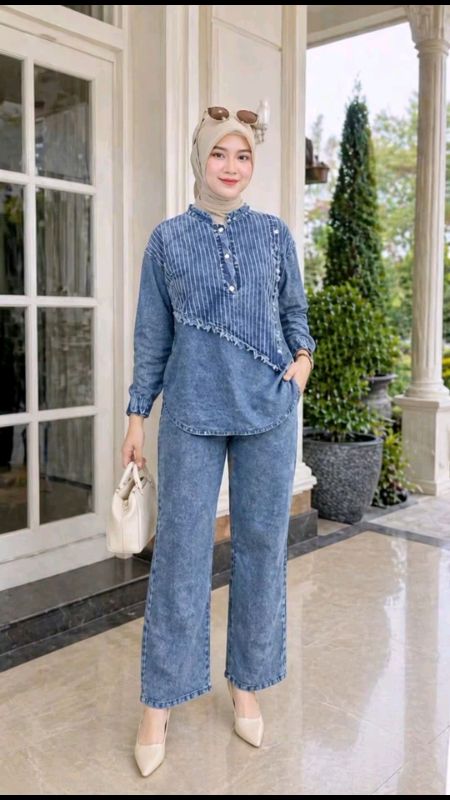 Setelan Jeans Mix Salur Terbaru Rachelia #RacunShopee #ShopeeFashionHaul #setelanwanita #setelanmurah #setelankekinian