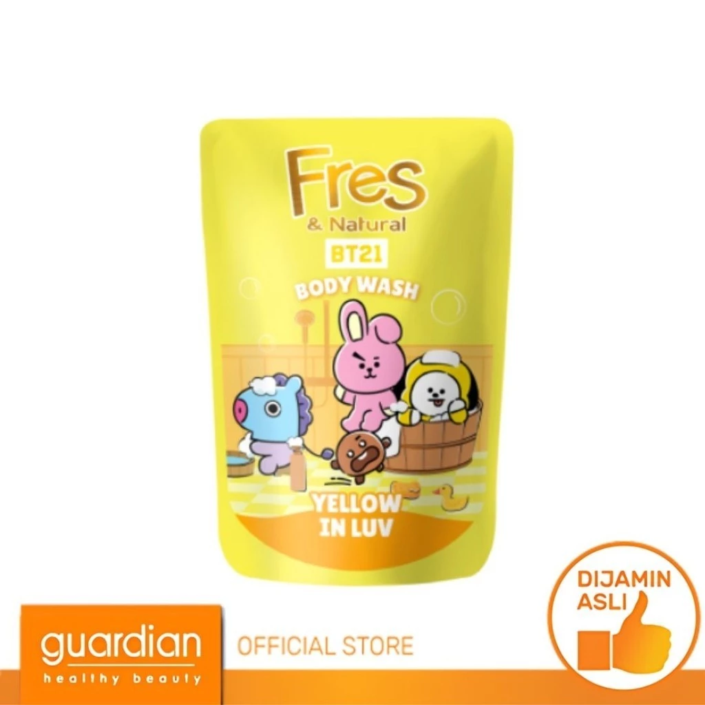 Fres & Natural Sabun Mandi Cair BT21 Yellow in Luv Pouch 400Ml
