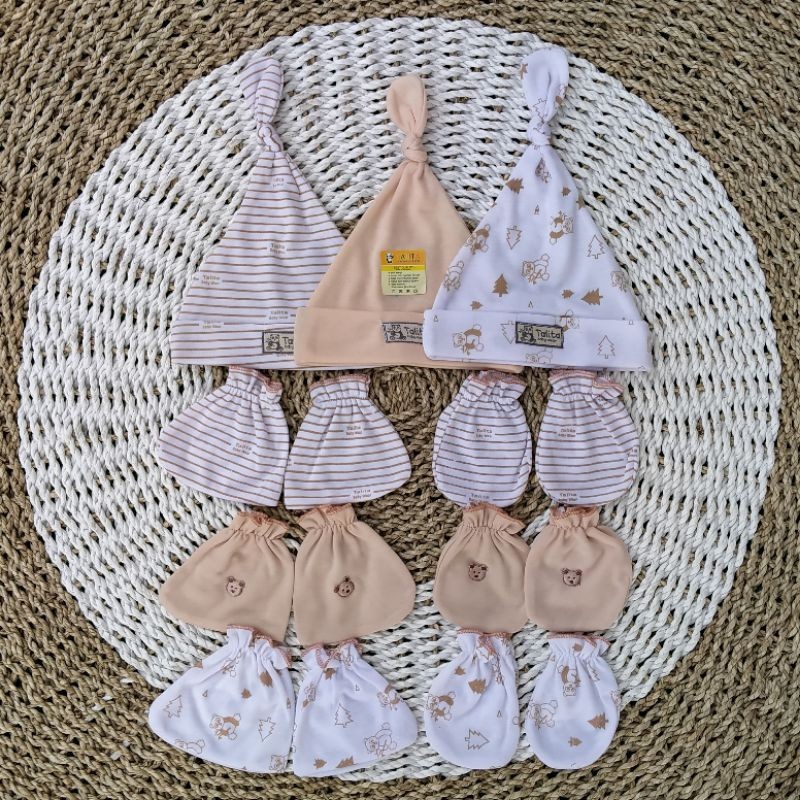 ISI 3 PCS Topi Dan 3 Set Sarung Tangan Kaki Bayi Baru Lahir Seri Warna Newborn Talitababywear