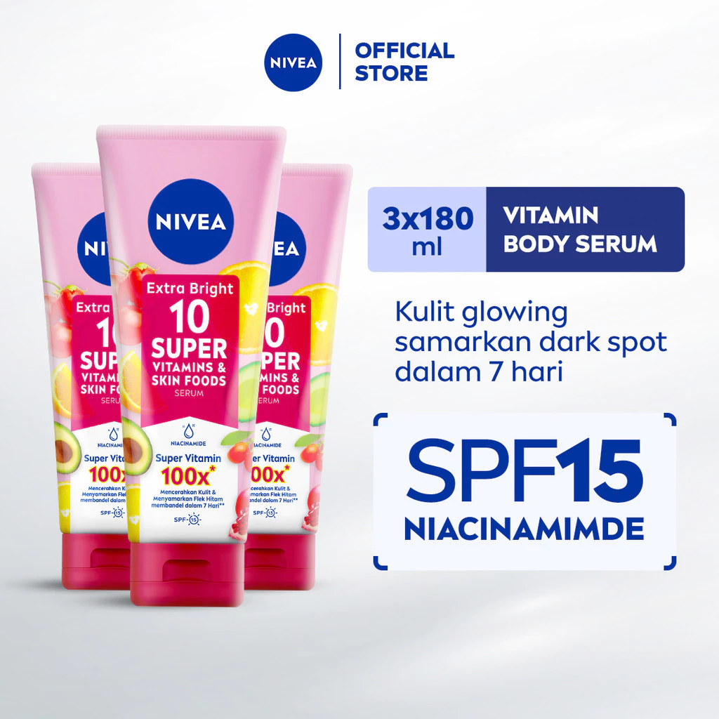 NIVEA Body Serum Extra Bright 10 Super Vitamins & Skin Foods 180ml x3 - Mencerahkan & menyamarkan noda hitam