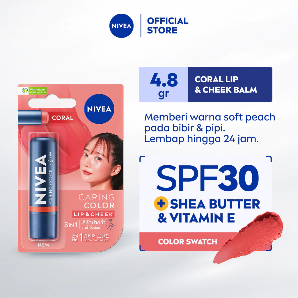 NIVEA Lip Balm Caring Color Coral 3 in 1 SPF 30 4.8gr - Pelembap bibir warna nude tinted pigmented melembabkan plumpy kering pecah-pecah tahan lama melindungi bibir natural intensif lembap glossy - Vitamin C & E, 3 Natural Oils, Shea Butter