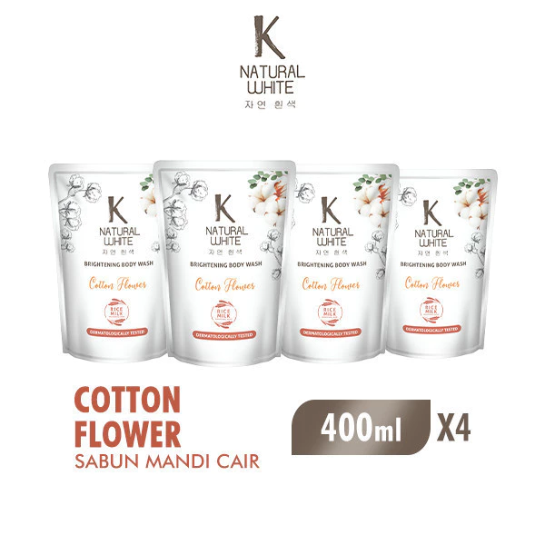 K Natural White Sabun Mandi Cair Cotton Flower Pouch 400 ml x4