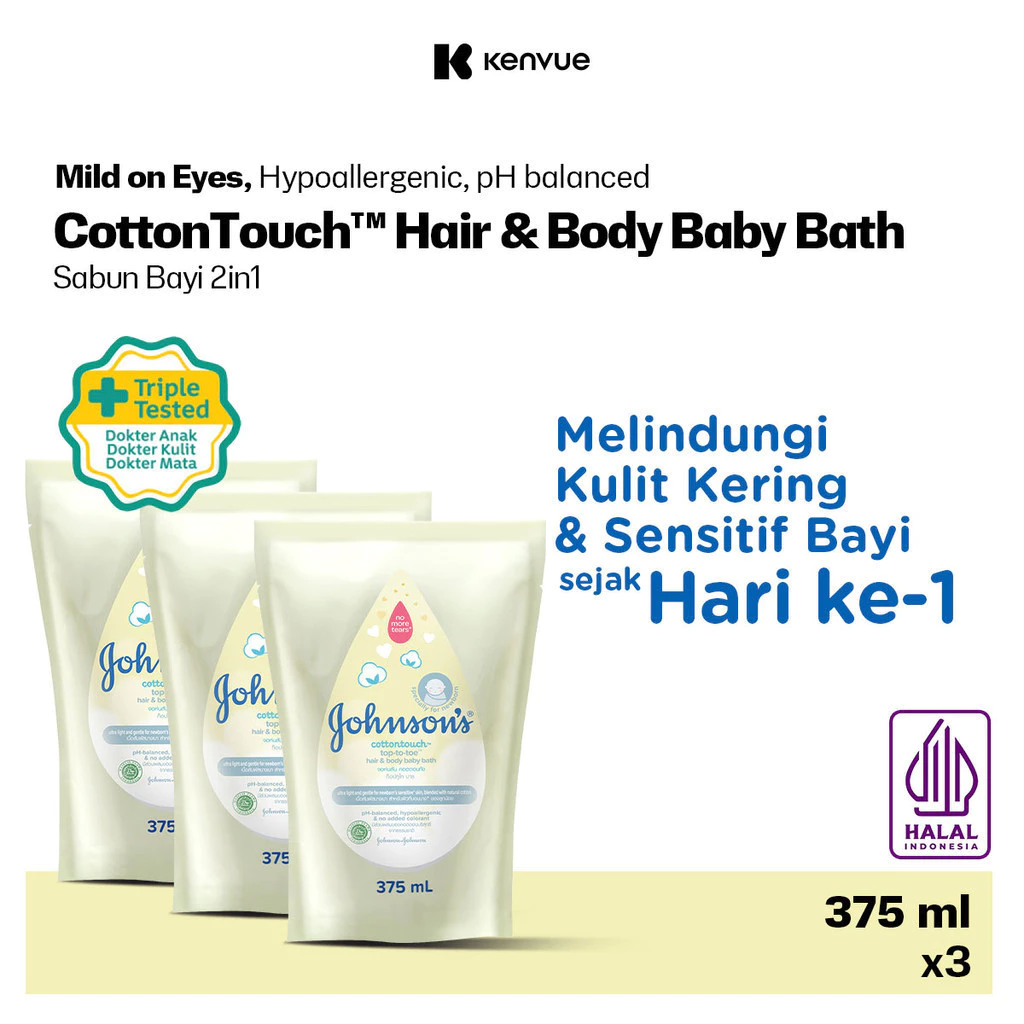 JOHNSON'S CottonTouch Top-to-Toe Hair & Body Baby Bath - Sabun Bayi 2in1 Refill 375ml - 3 pcs