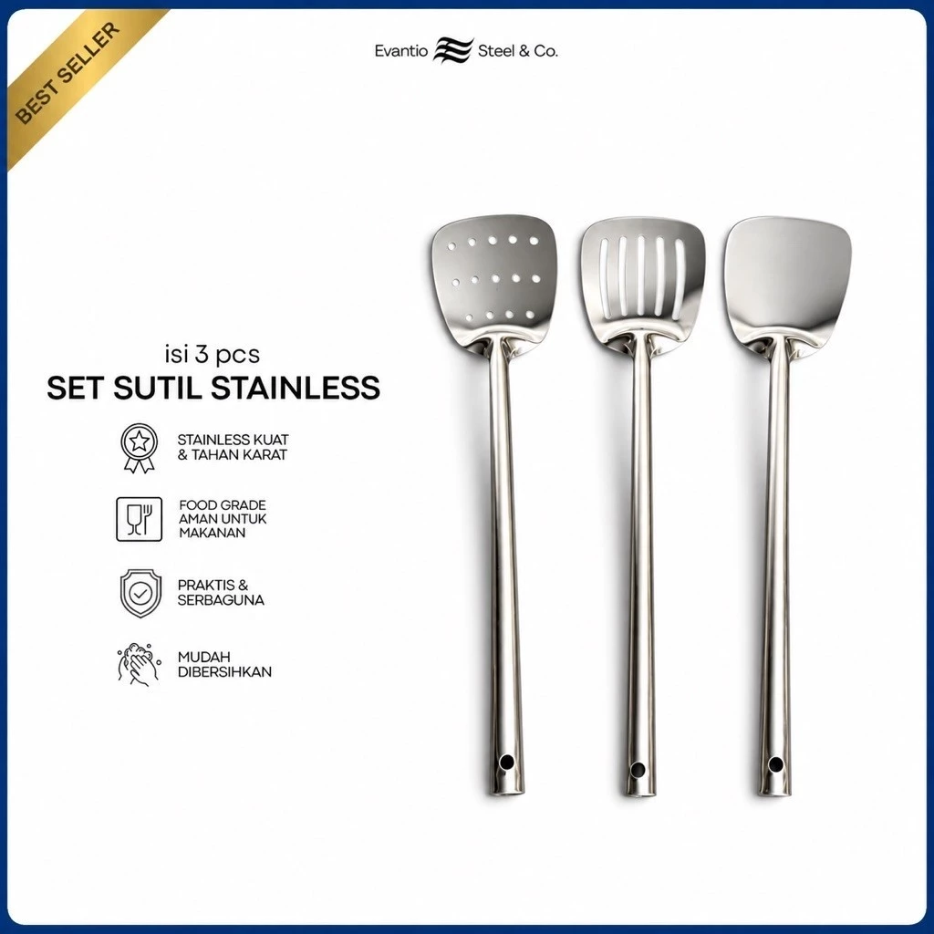 [1 Set 3Pcs] Sutil Semi Full Stainless - Spatula Masak / Sotil Dapur / Sodet Serbaguna Kuat Tahan Karat / Alat Dapur