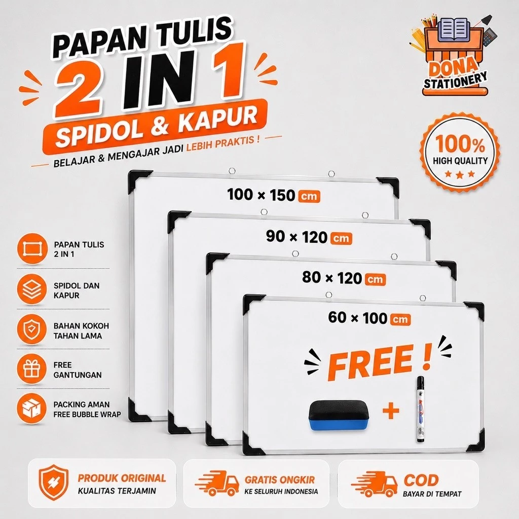 Papan Tulis Jumbo Whiteboard Jumbo 100x150 2 Sisi Spidol Dan Kapur