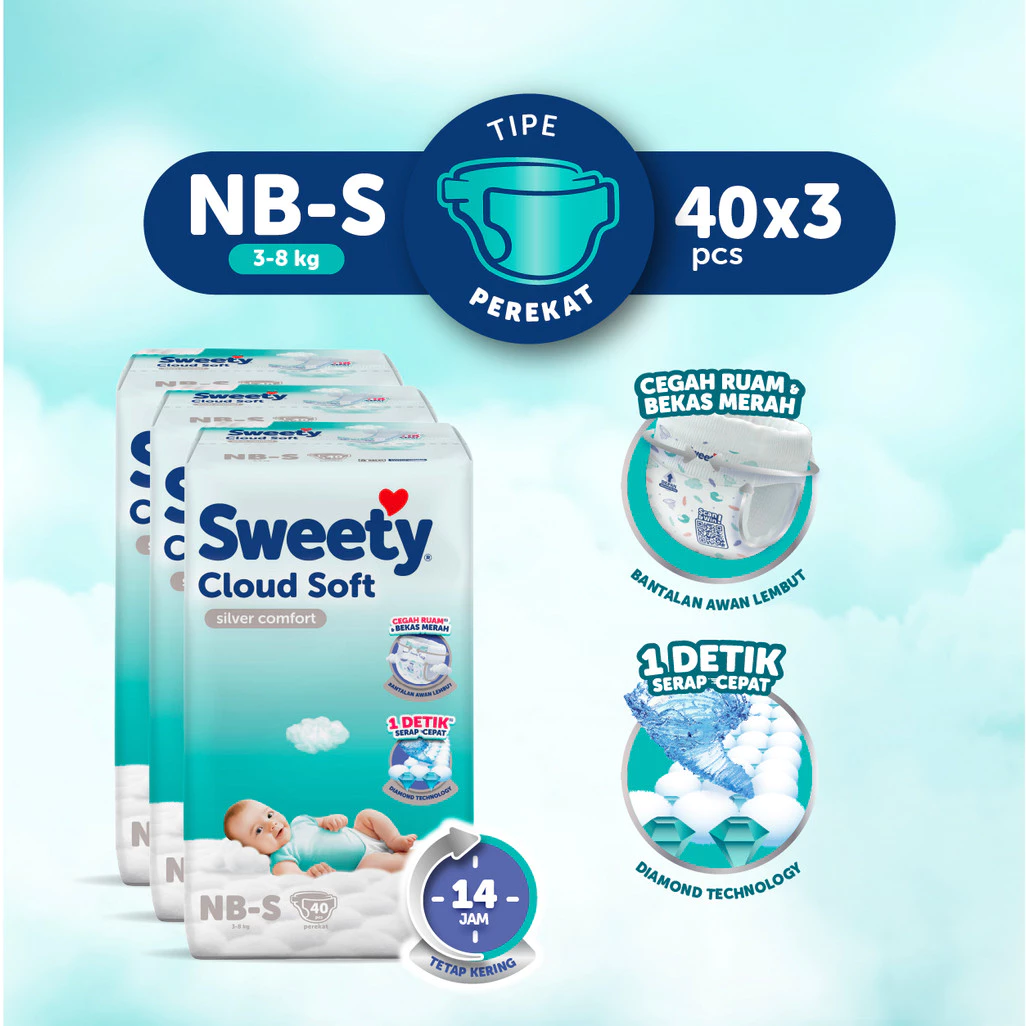 Sweety Silver Comfort Cloud Soft Newborn NB - S 40 x 3 Popok Perekat Baby Diapers