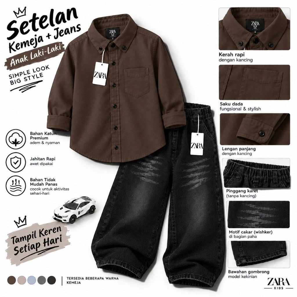 Dolans Kids Setelan Kemeja Anak Laki Laki Masa Kini Lengan Panjang Dan Celana Jeans Hitam Gombrong Korean Style