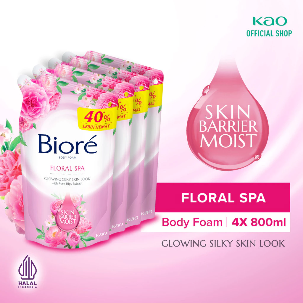 Biore Body Foam Sabun Mandi Cair Floral Spa Pouch 800ml Fourpack
