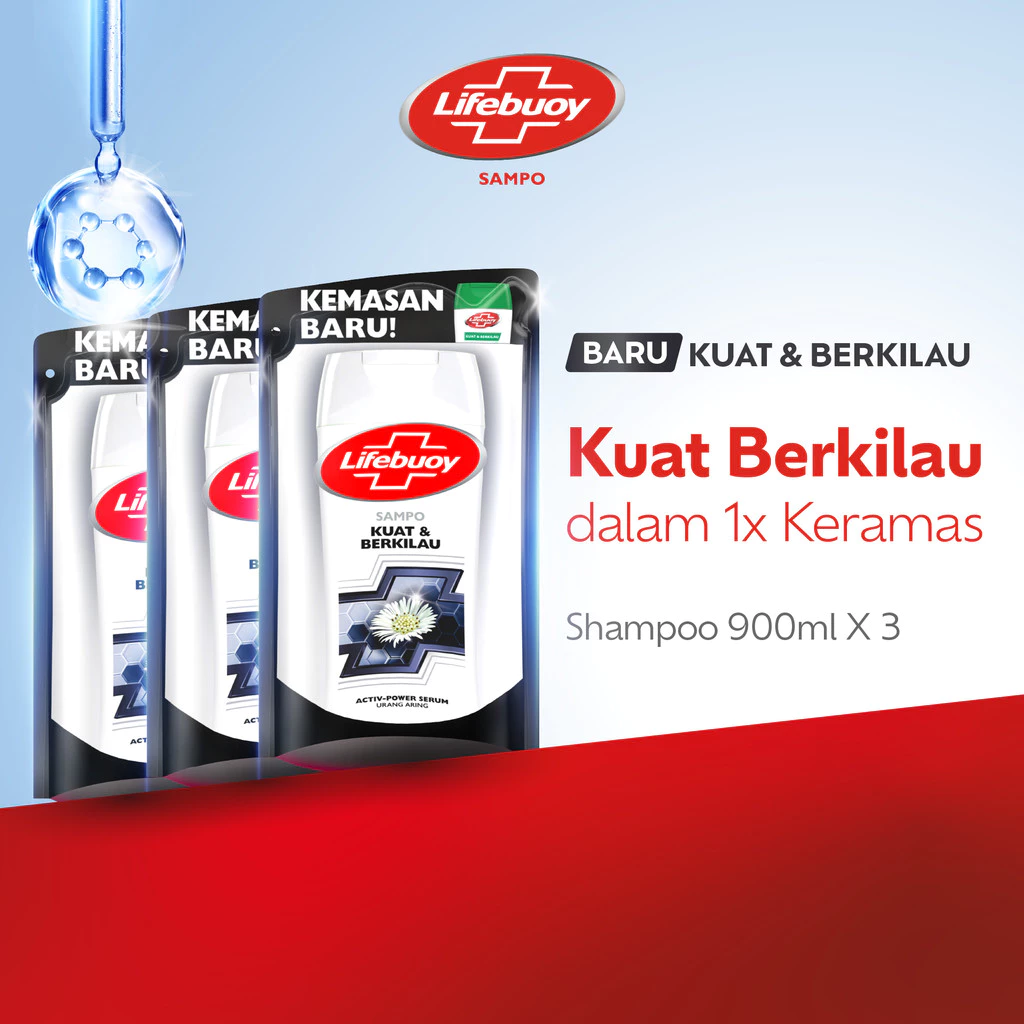 Lifebuoy Shampoo Kuat & Berkilau, Strong & Shiny Lawan Kuman Penyebab Masalah Rambut & Rambut Kusam 900ml x3