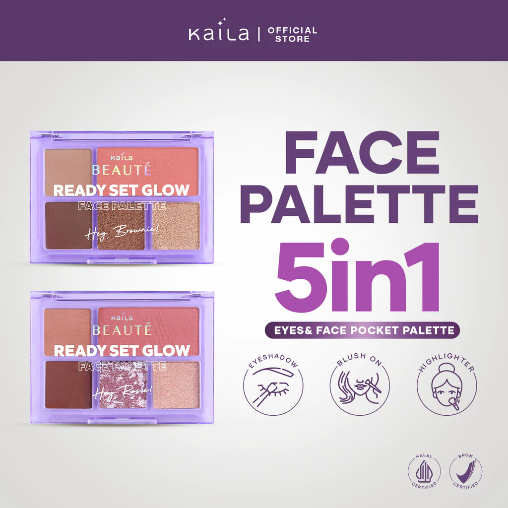 [Clearance] Kaila Beaute Ready Set Glow Face Palette  - Eyeshadow, Highlighter, Blush On Satu Set - Matte, Sheer & Glitter Finish Ringan Pigmented BPOM & Halal