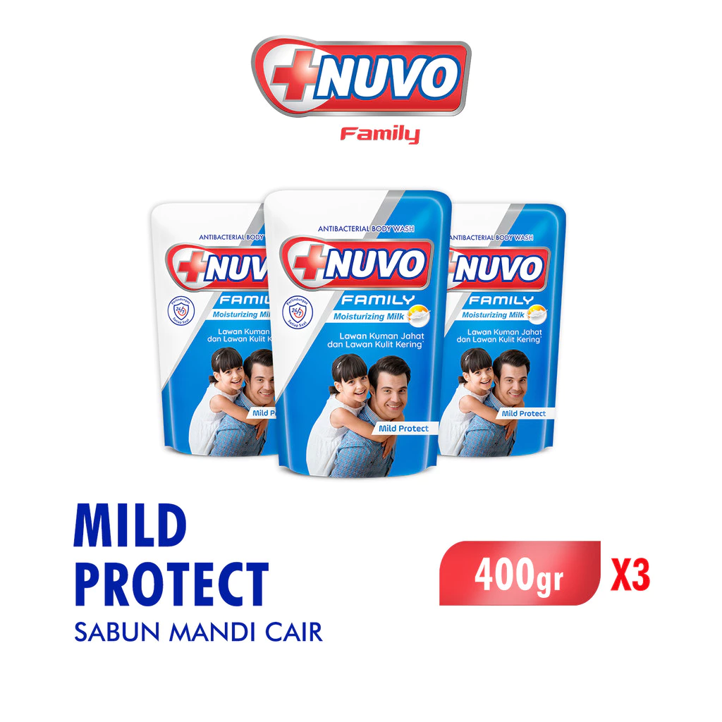 Nuvo Family Sabun Mandi Cair Biru Mild Protect Pouch 400 gr x3