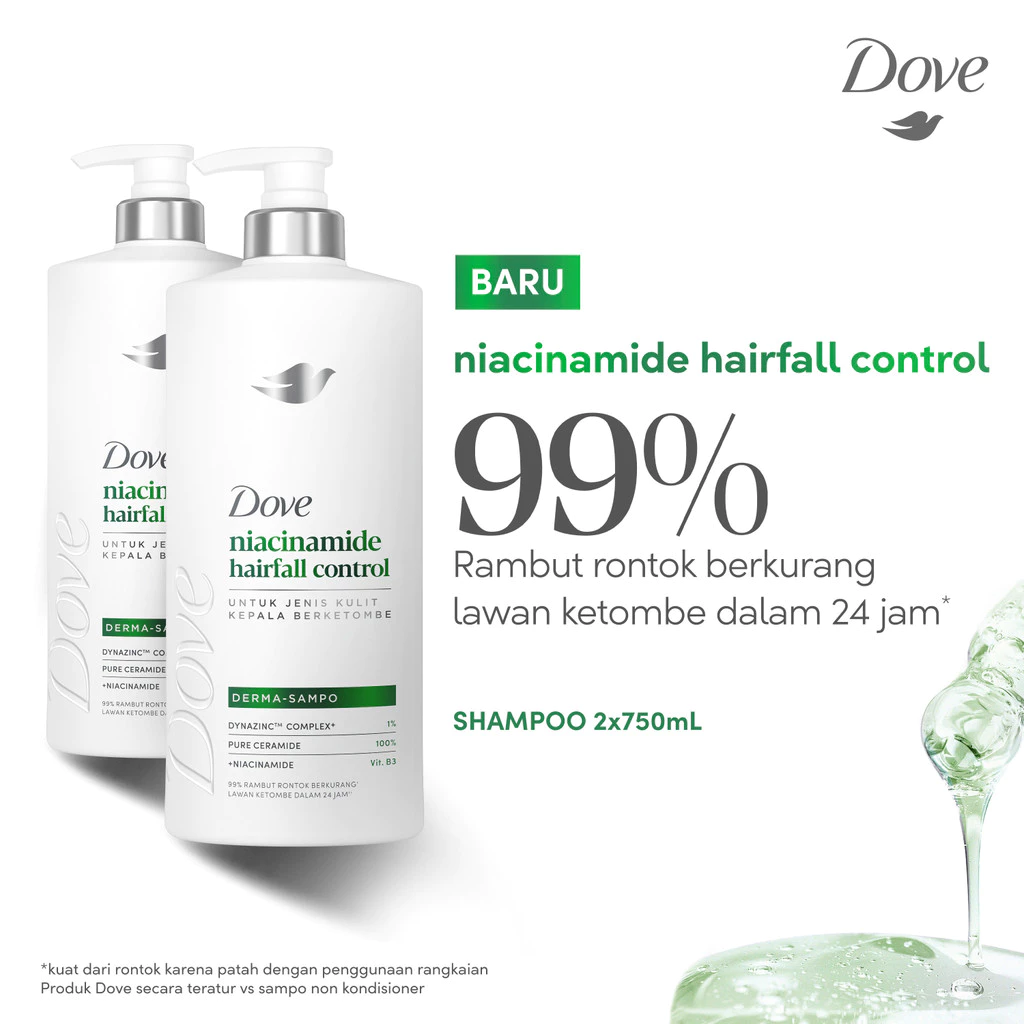 Dove Shampoo Niacinamide Hairfall Control 750mL x2 | Sampo Perawatan Rambut Rontok Untuk Jenis Kulit Kepala Berketombe