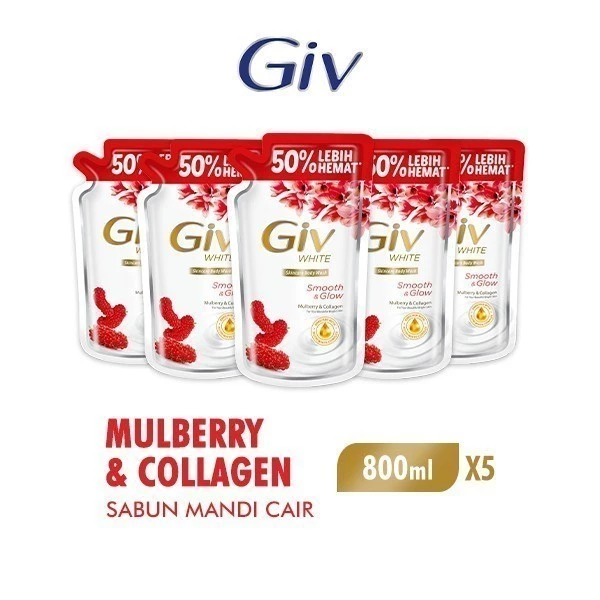 Giv White Sabun Mandi Cair Mulberry Pouch 800 ml x5