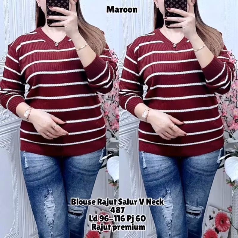Blouse Rajut Salur Atasan Wanita Motip Strip Krah V Tangan Panjang
