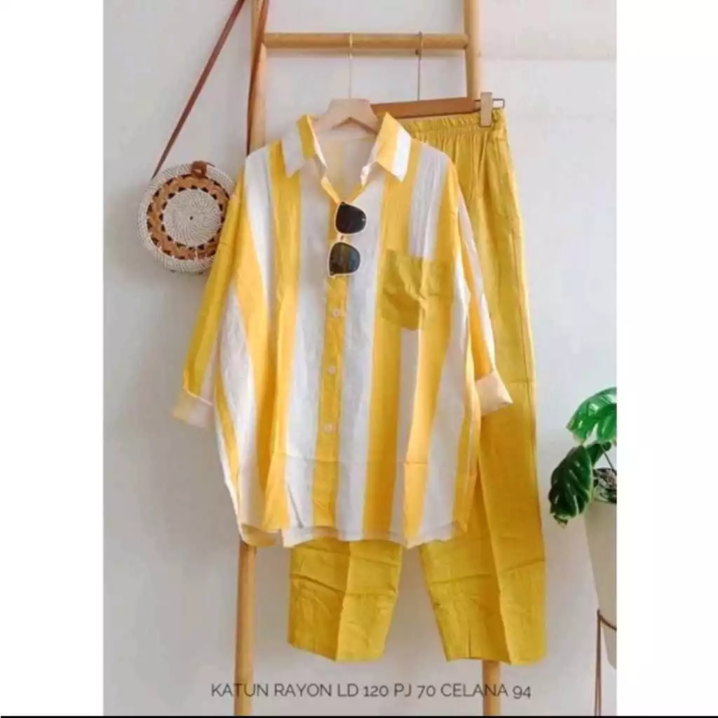 Cod One set Import premium setelan wanita| One Set Salur Lengan Panjang |Setelan Wanita Terbaru|Sete