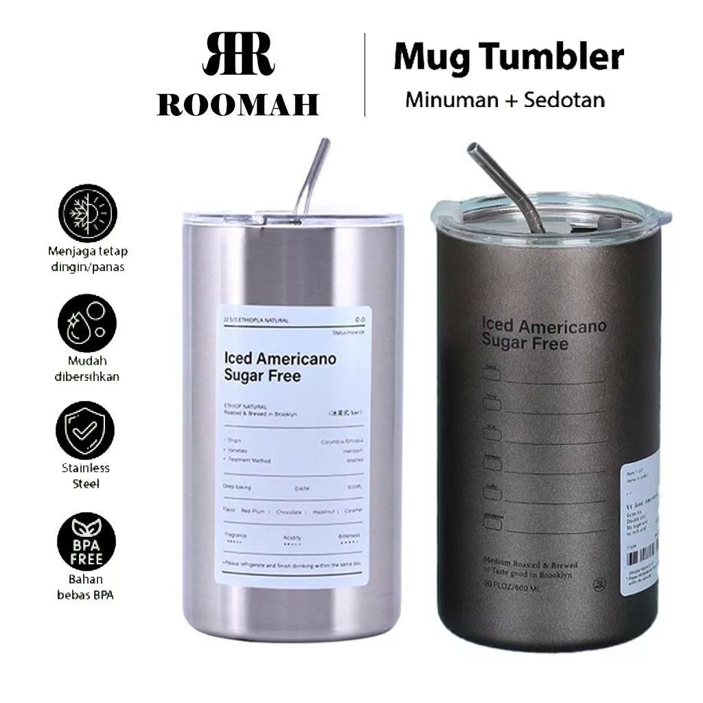 ROOMAH Tumbler Stainless Steel Coffee Tea 600ml Aesthetic / Ice Americano Botol Minum Kopi Teh Gelas Cup Es tetik Simple Elegant Cangkir FREE Sedotan Bottles Kitchenware Hot