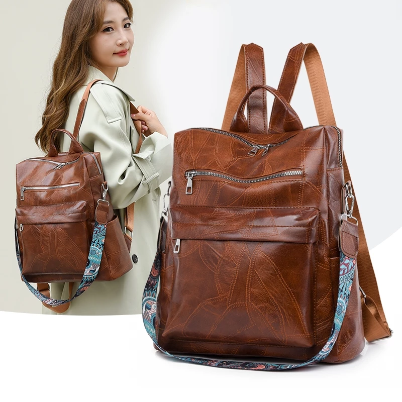 Waterproof Tahan air leather Kulit Ransel 14 inch Laptop tas Besar bag Perempuan Wanita tas backpack  Sling shoulder Multifunction  Tas Selempang  Bahu Wanitawomen Big bag Ransel good quality import 1422