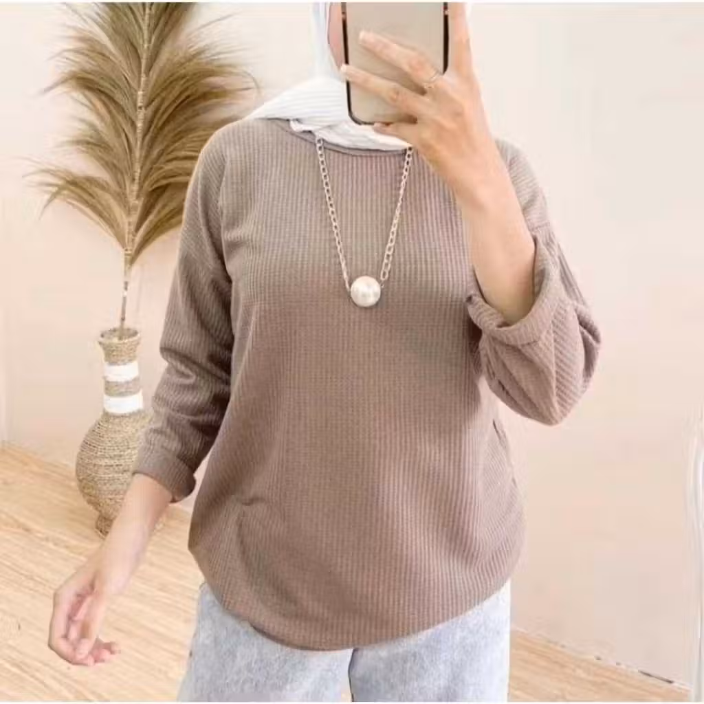 Kaos Wanita Waffle Waffer Polos - Kaos Lengan Panjang Kekinian - Kaos Waffle Oblong Premium Termurah