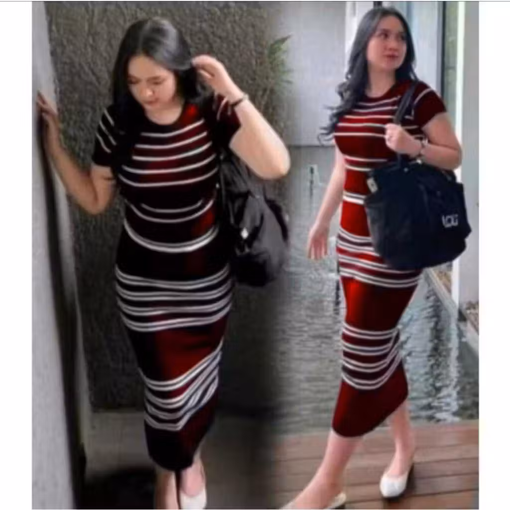 Dress Rajut Garis-Garis Korean Tangan Pendek