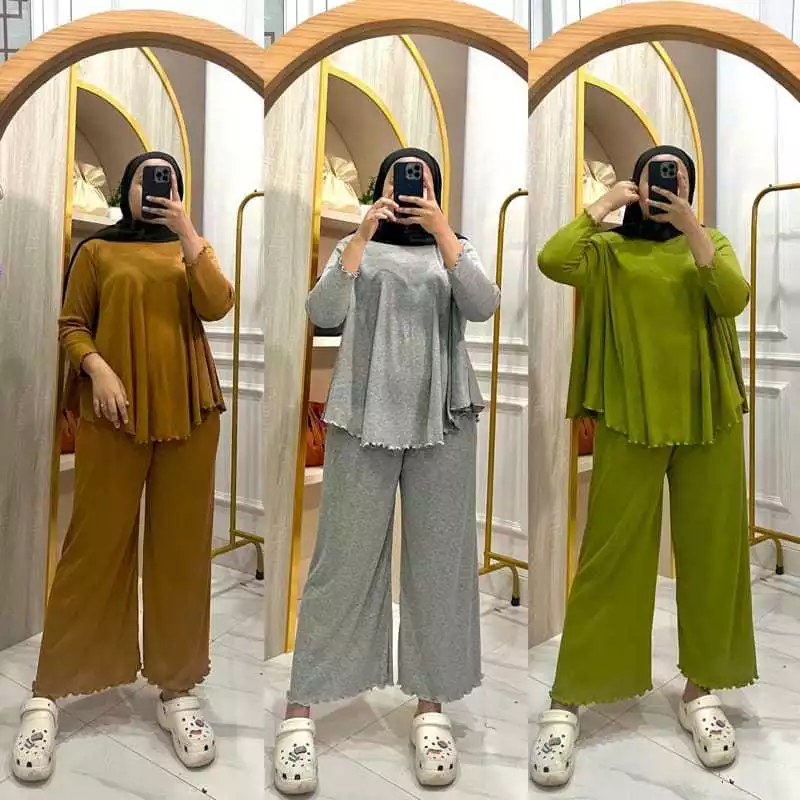 Atachi Setelan Rib Knit Wanita Lengan 7/8 Celana Panjang Baju Atasan Setelan Wanita Dewasa Polos