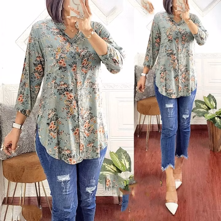 kemeja wanita jumbo motif bunga rayon lengan panjang 7/8 terbaru 2024