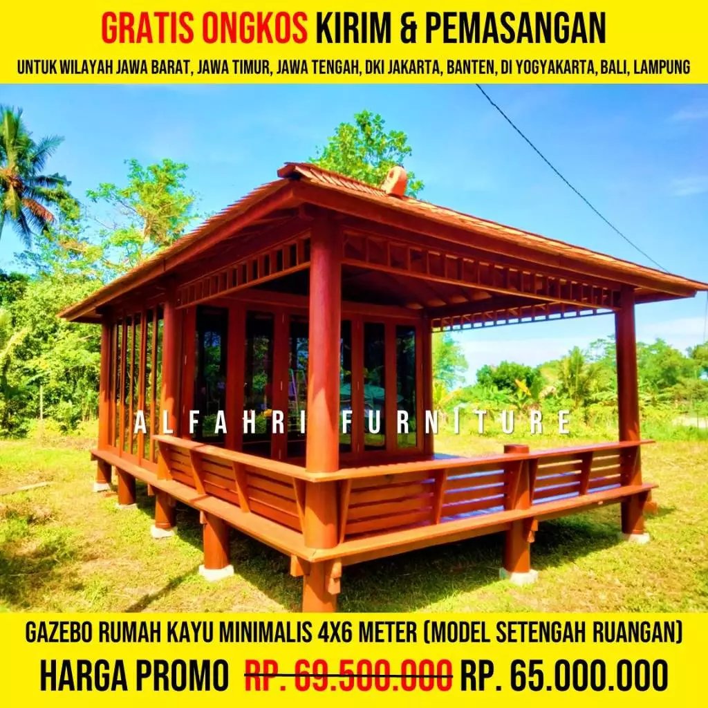Rumah Kayu Gazebo Joglo Minimalis Ruangan Kaca Taman Modern 4x6 Meter Atap Sirap Ulin, Gasebo Mushola Kayu Minimalis