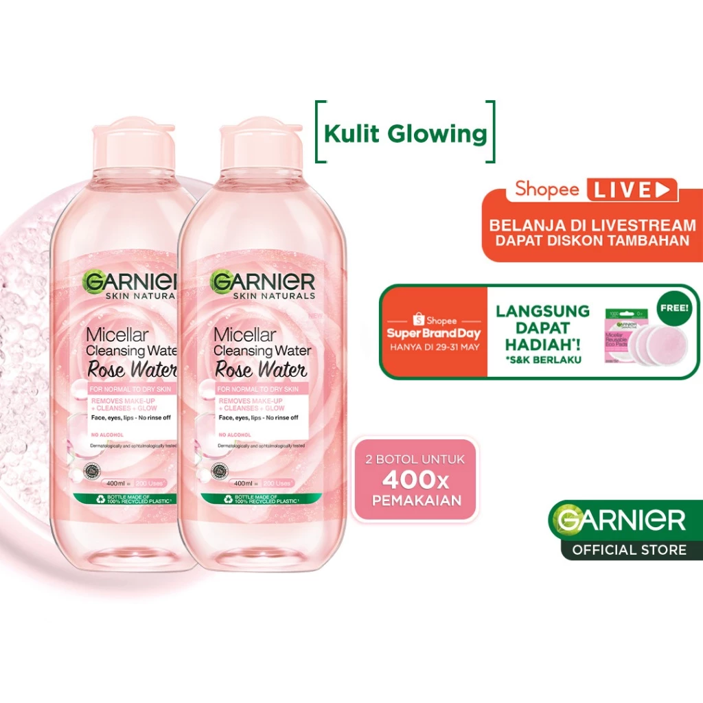 PAKET HEMAT ISI 2 Garnier Micellar Rose Water Clean & Glow - 400 ml - Skincare Pembersih Wajah