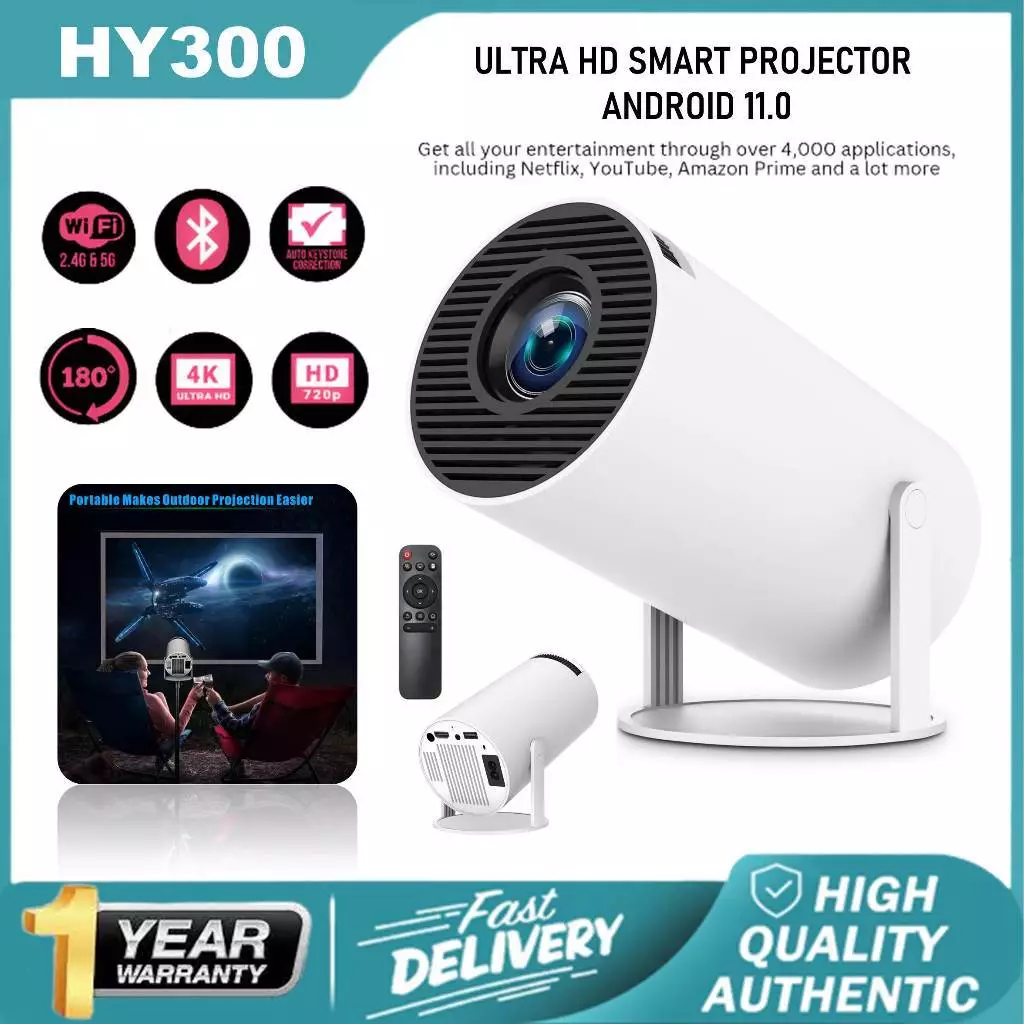 Shade HY300 Smart Proyektor Android 11.0 4K UHD 1080P WiFi6.0 Bluetooth 5.0 1GB+8GB 320 ANSI Lumens