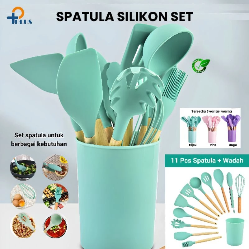 [Pplus] Spatula Silicone Set 12Pcs Wadah / Spatula Silikon 12 Set Anti Lengket Tahan Panas / Spatula Sutil Pegangan Kayu Baking Set Alat Masak