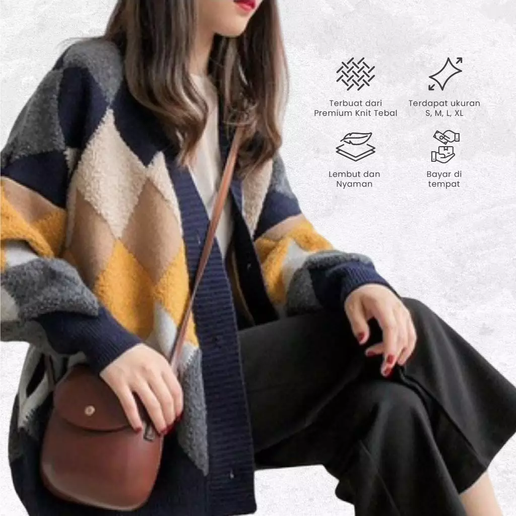 Dambi Cardigan Rajut Wanita Oversize Kardigan Premium Korean Style Motif Argyle -najahstore_official