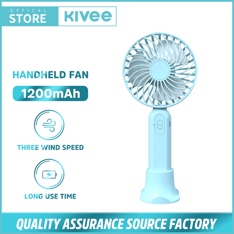 (HOT) KIVEE Kipas Angin Mini Portable 1200 mAh KV-FA15 Blue 3-Speed Super Angin Rechargeable Micro Multifungsi