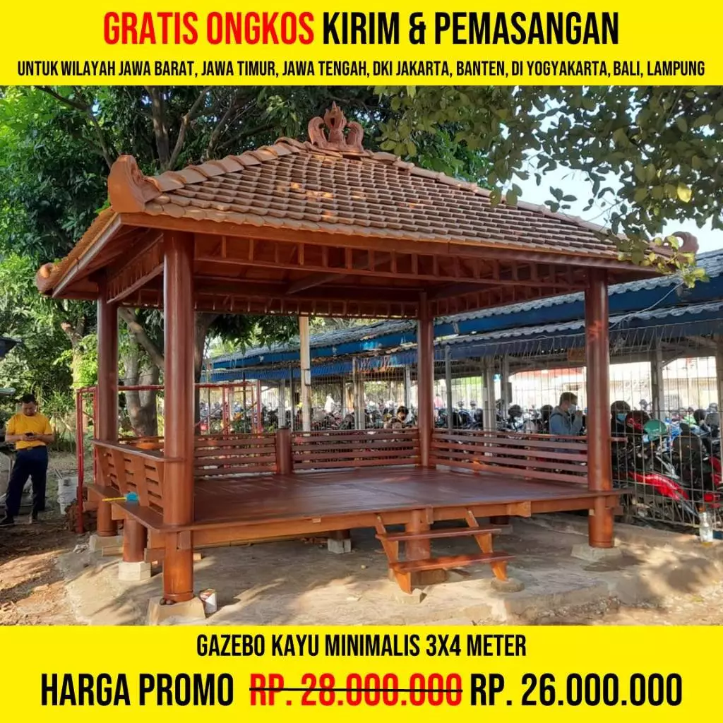 Gazebo Kayu Minimalis 3x4 Meter | Saung Gasebo Taman Rumah Modern Atap Genteng