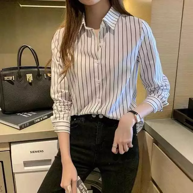 Kemeja Wanita Jumbo Motif Salur Ld 120 model terbaru Kemeja Wanita Lengan Panjang Terlaris 2024
