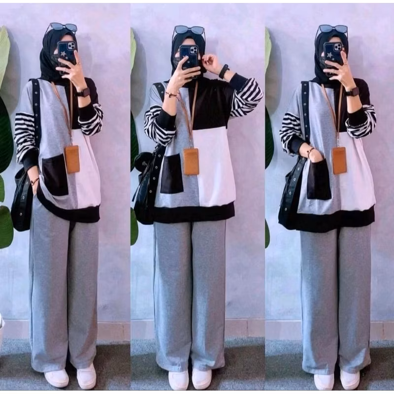 LUVLUVSHOP Setelan Wanita Lengan Panjang Celana Panjang Knit Premium One Set Oversize Kekinian Trend