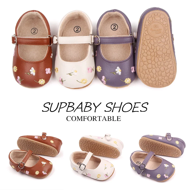 Sepatu Bayi Perempuan Embroidery Flower Usia 0 - 12 Bulan Anti Slip, Sepatu Bayi Perempuan Lucu