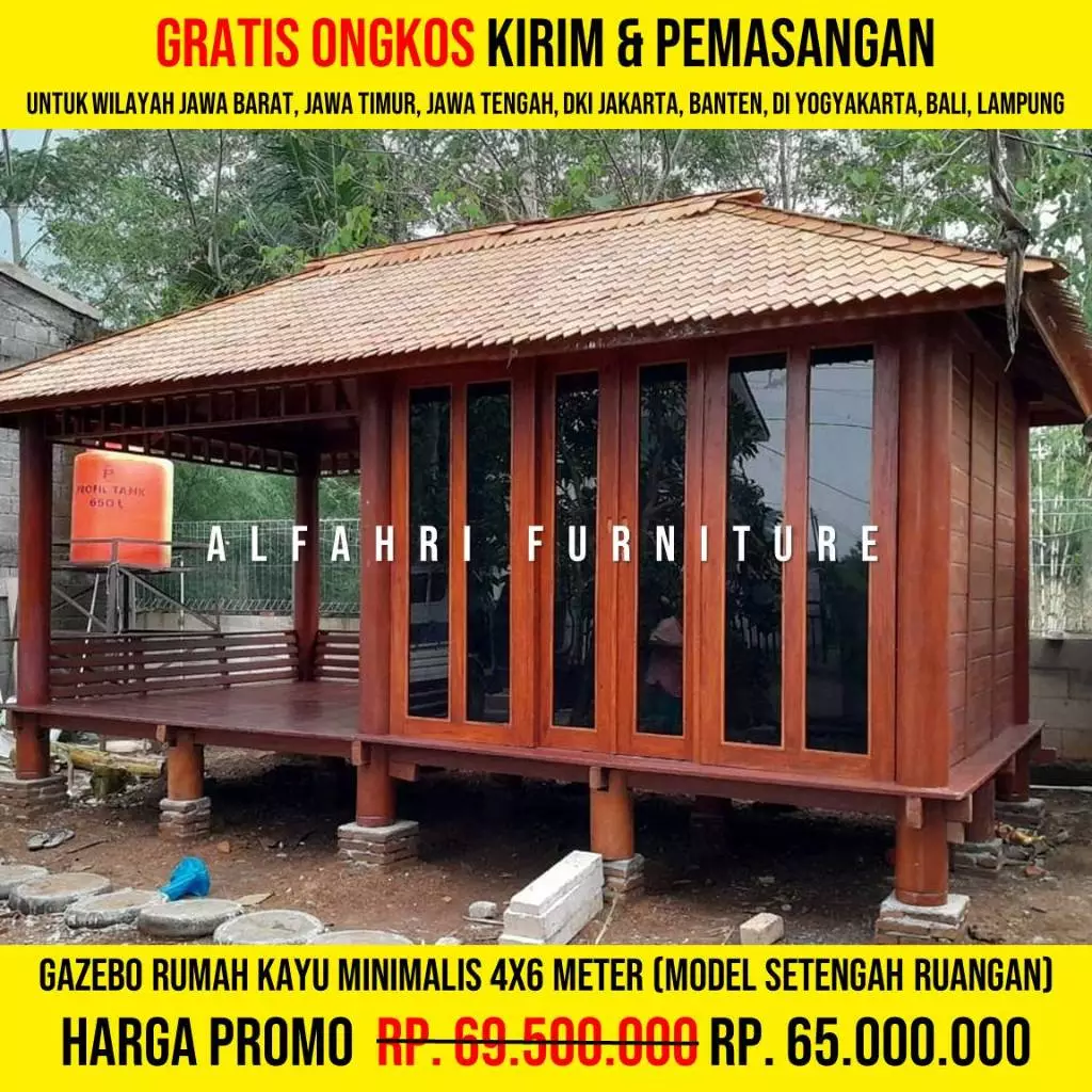 Gazebo Kayu Minimalis Custom Dinding Kaca 4x6 Meter | Saung Gasebo Rumah Kayu Mushola Taman Atap Sirap