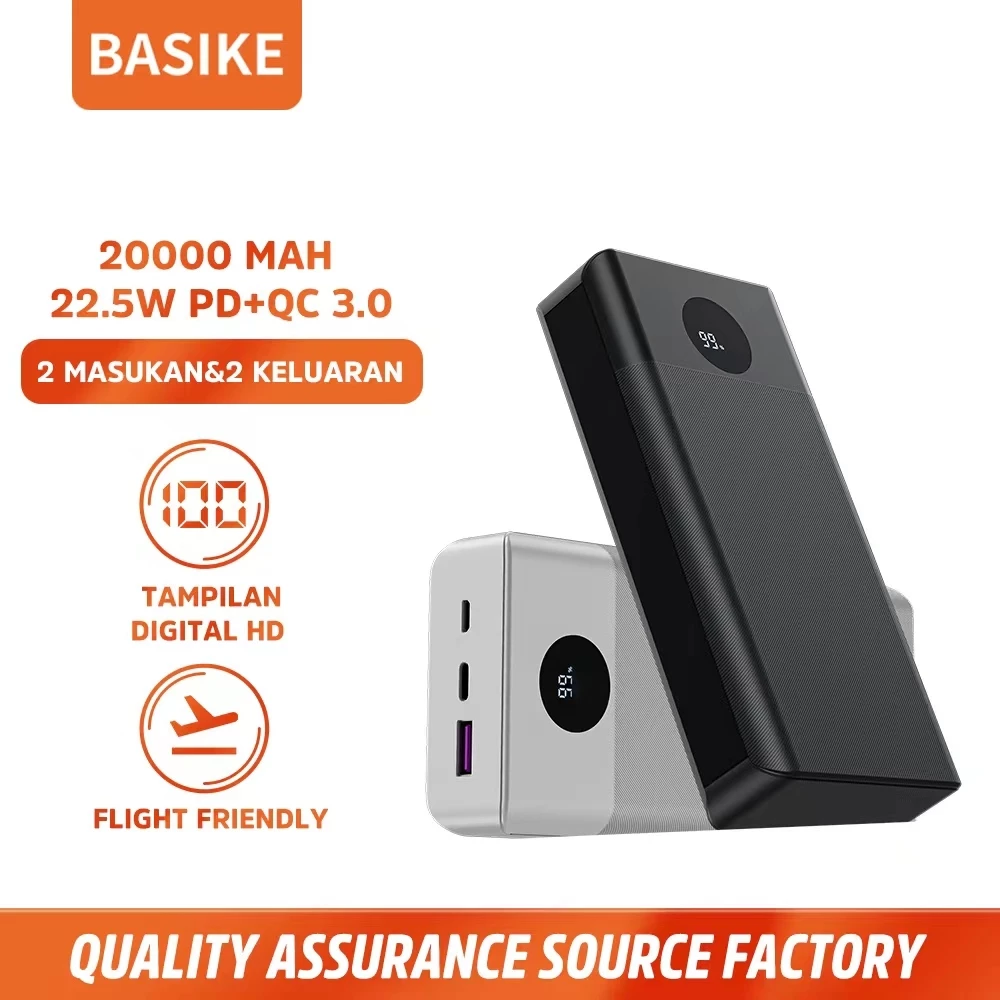 BASIKE Powerbank 20000mAh Fast Charging 22.5W Kapasitas Riil Layar LCD Bawa Pesawat 3 Port Output Serbaguna Universal untuk HP & Headset Semua Gadget