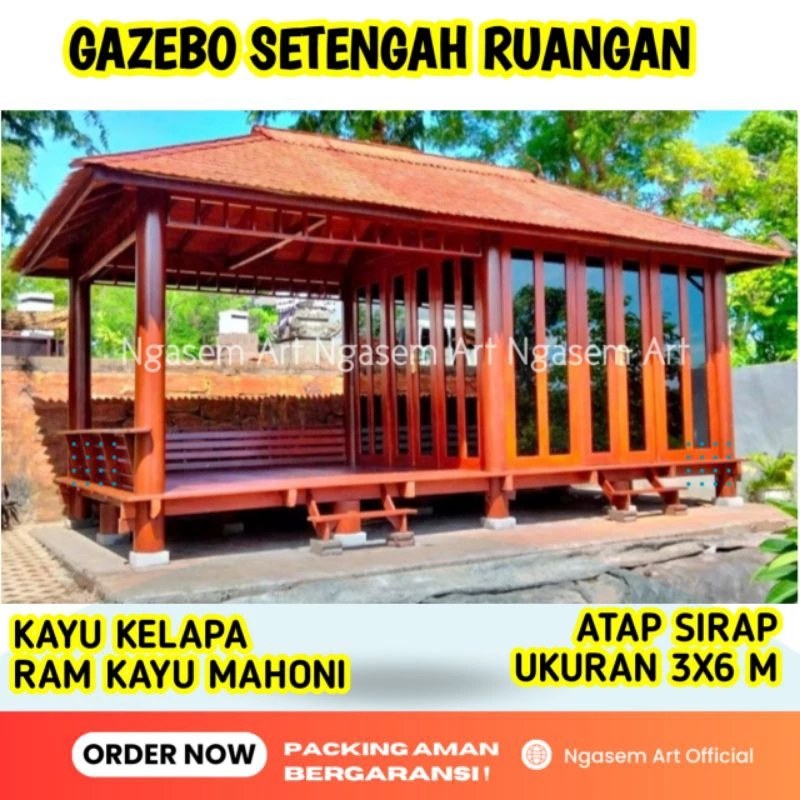GAZEBO MODEL SETENGAH RUANGAN | GASEBO RUMAH KAYU KELAPA