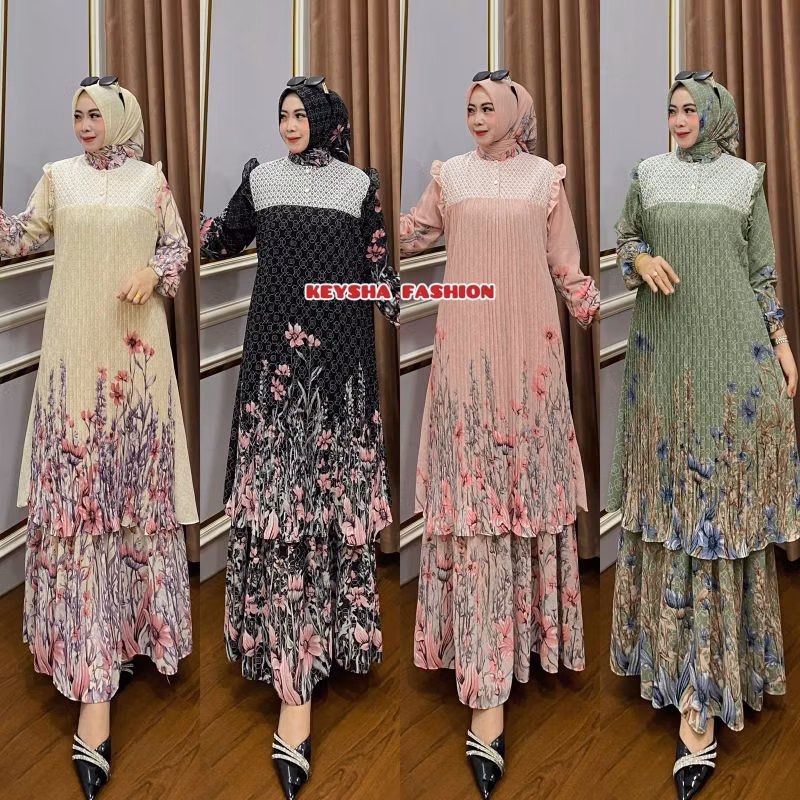 RESTY Gamis Mewah Ceruty Babydoll Premium Mix Renda Brukat Plus Hijab Dua Layer