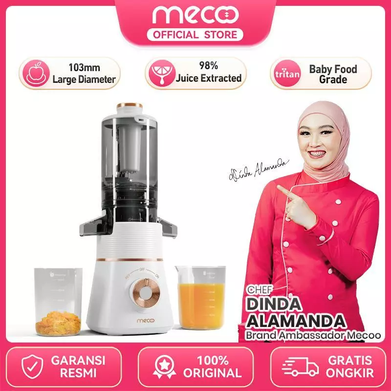 Mecoo Aesthetic Slow Juicer Extra Big Mouth EasyJuice Filter-Free EasyClean 100 Low Watt BPA Free Tritan Baby Food Grade