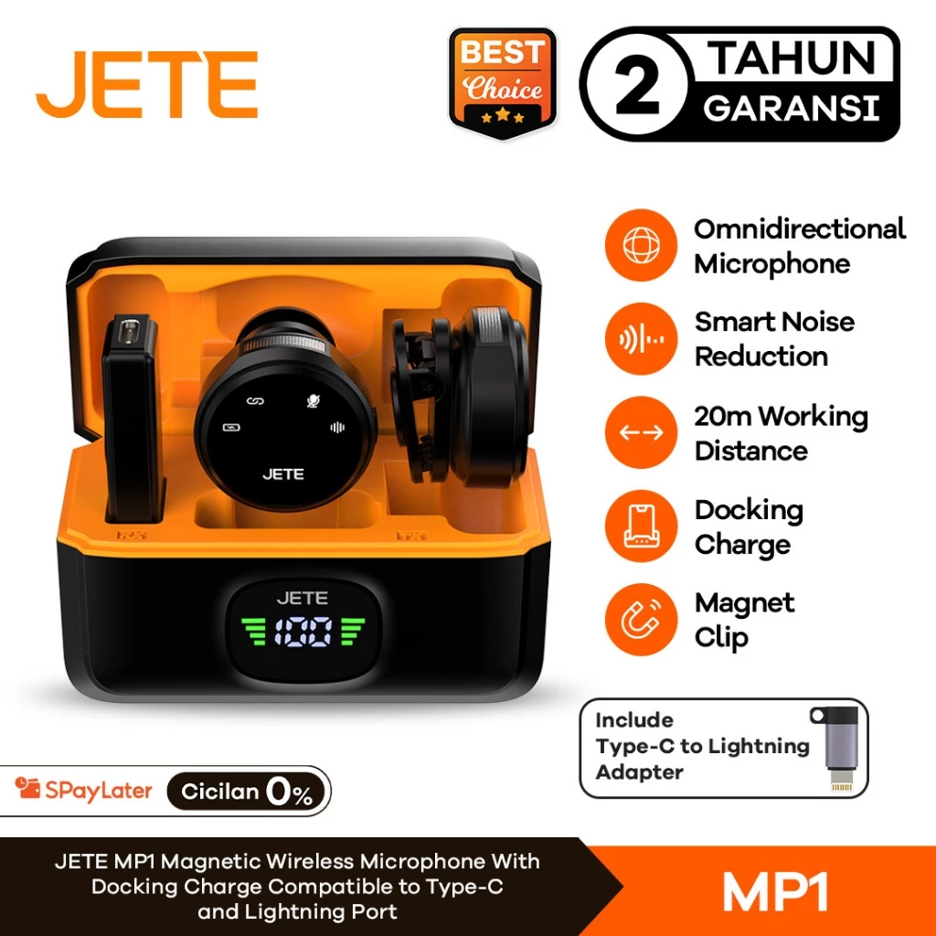 JETE Microphone Wireless MP1 Magnetic Type C with Adapter Lightning Mikrofon Mic Clip On Plug and Play with Charging Dock