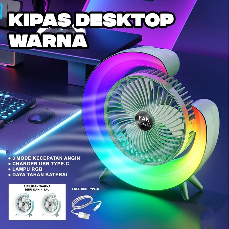 Kipas Angin Portable 2 in 1 Lampu Meja LED RGB Baterai Recharger